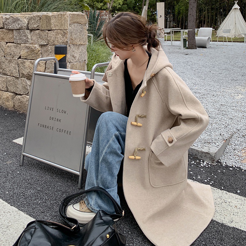 实拍2023连帽牛角扣大衣女冬季加厚韩版中长款呢子小个子毛呢外套