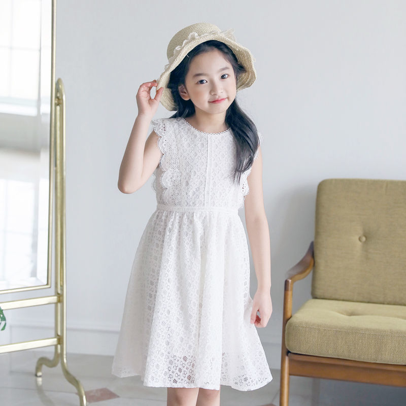女童连衣裙夏装新款超洋气儿童白色蕾丝裙子韩版中大童无袖公主裙