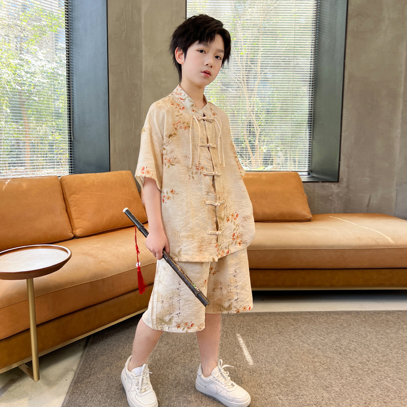 儿童装男童唐装套装古风夏装2024新款大童国潮汉服短袖两件套薄款