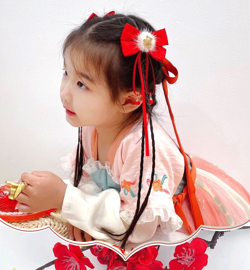 儿童假发辫子古风红发夹毛球流苏头饰汉服公主女童宝宝中国风发饰