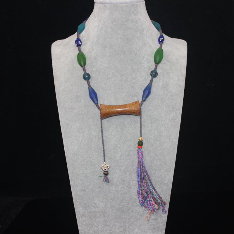 清晚期藏式手编绳老琉璃多宝项链搭配老玉玉管项链 古珠老玉收藏