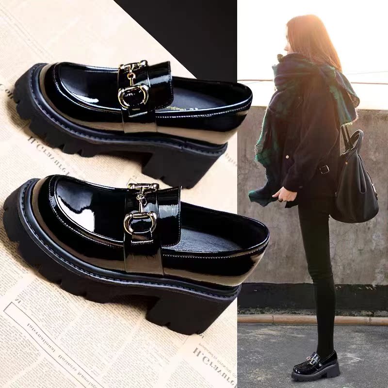 内增高小皮鞋女英伦风2022新款秋季黑色真皮乐福鞋女厚底单鞋10cm
