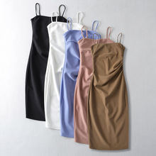 Q411-23款 韩版修身款一字肩长款褶皱气质性感吊带裙 连衣裙