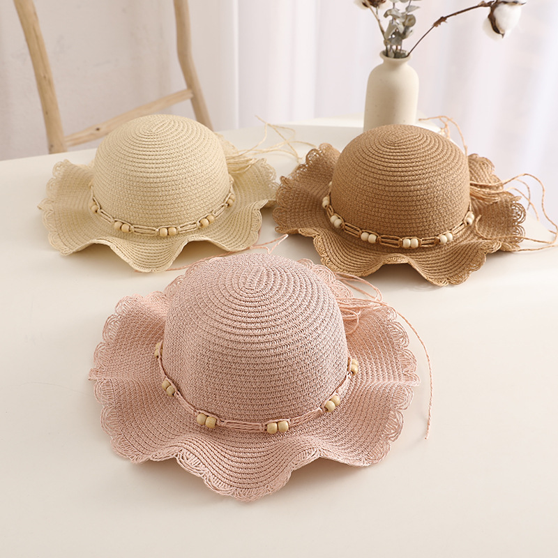 Summer Sun Protection Big Brim Beach Hat Bucket Hat Korean Children Wooden Buckle Bow Sunhat Little Girls' Straw Hat