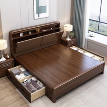 胡桃木实木床双人床1.8米中式轻奢高箱抽屉收纳储物现代简约大床