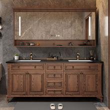 现代新款美式岩板陶瓷盆落地式浴室柜红橡木实木洗漱台盆智能镜柜