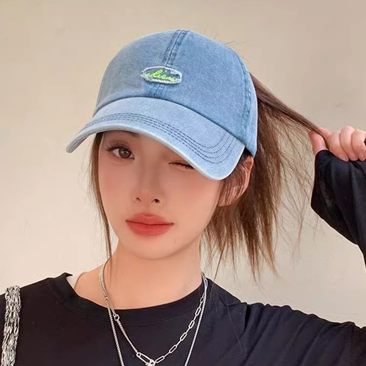 2024 New High Ponytail Baseball Cap Casual Semi-Empty Top Denim Hat for Women Spring and Summer Big Head Circumference Show