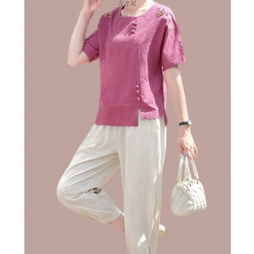 中老年女装妈妈夏装母亲节套装洋气棉麻上衣时尚短袖t恤大码包邮