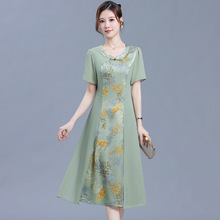 中式国风连衣裙夏季新款短袖裙中长款拼色印花裙时尚女装裙子