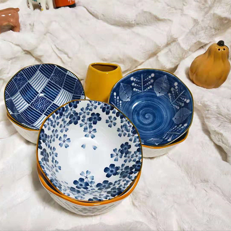 Lemeow Japanese Retro Ceramic 5-Inch Octagonal Bowl Household Hand-Painted Tableware Rice Breakfast Bowl Enterprise Gift