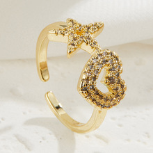 INS风欧美跨境潮流新品 甜美爱心星星戒指 开口设计可调节铜微镶