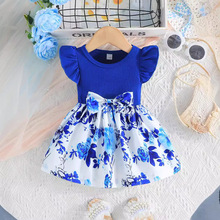 夏季新款蓝色条纹花朵印花蝴蝶结连衣裙现货批发