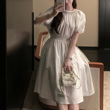 白色甜美中长款连衣裙女夏季新款重工钉珠圆领收腰泡泡袖公主裙子