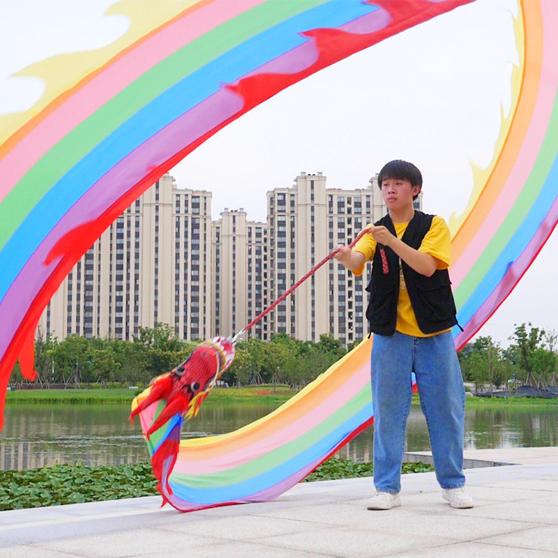 健身甩龙舞龙彩带彩条彩绸广场儿童成人舞飘带舞龙立体龙头龙抖龙