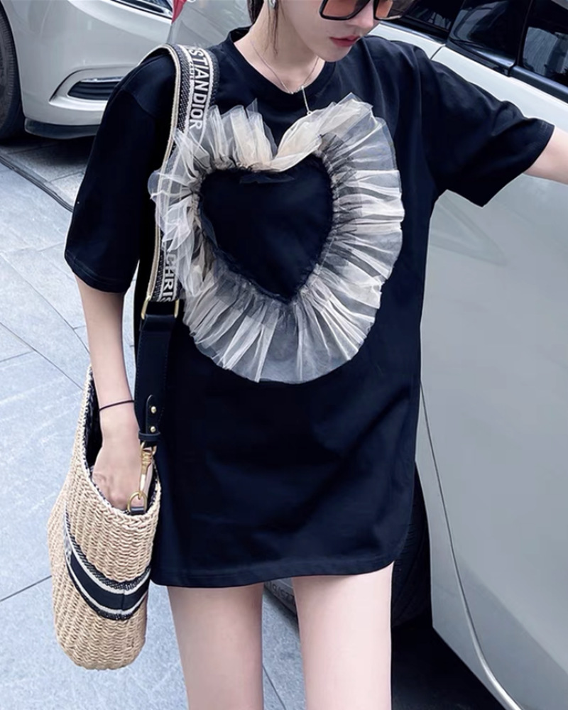 网红爱心网纱拼接设计感短袖t恤女夏百搭中长款洋气半袖上衣ins潮