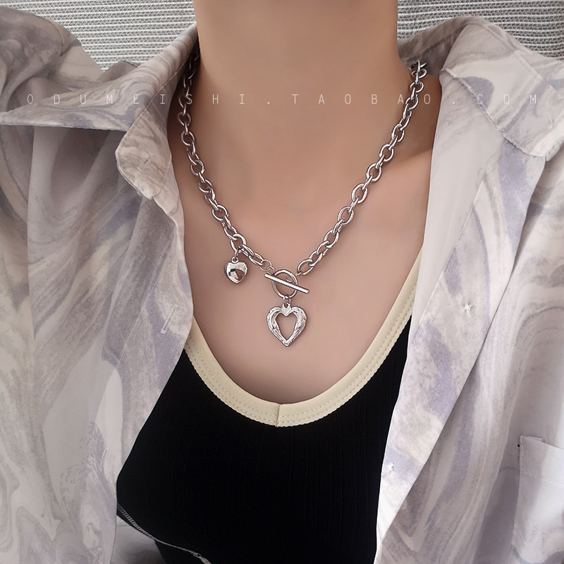 European and American Style Fashion Double Layers Loving Heart Necklace Female Stitching Cold Style Female Hip Hop Long Sweater Sweater Chain Ins Fashion