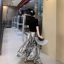 大码女装法式显瘦套装新中式国风盘扣v领衬衫扎染半身裙两件套