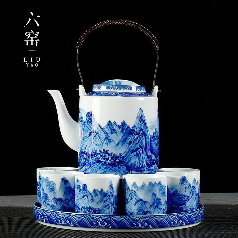 青花瓷提梁壶陶瓷山水大容量冷水壶凉水壶家用泡茶壶功夫茶具套装
