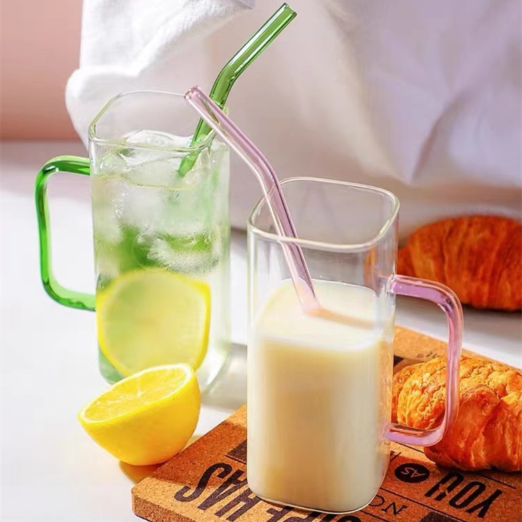 Good-looking Straw Glass Cup Square Belt Cover Borosilicate Color Creative Handle Cup with Straw Juice Milk Glass