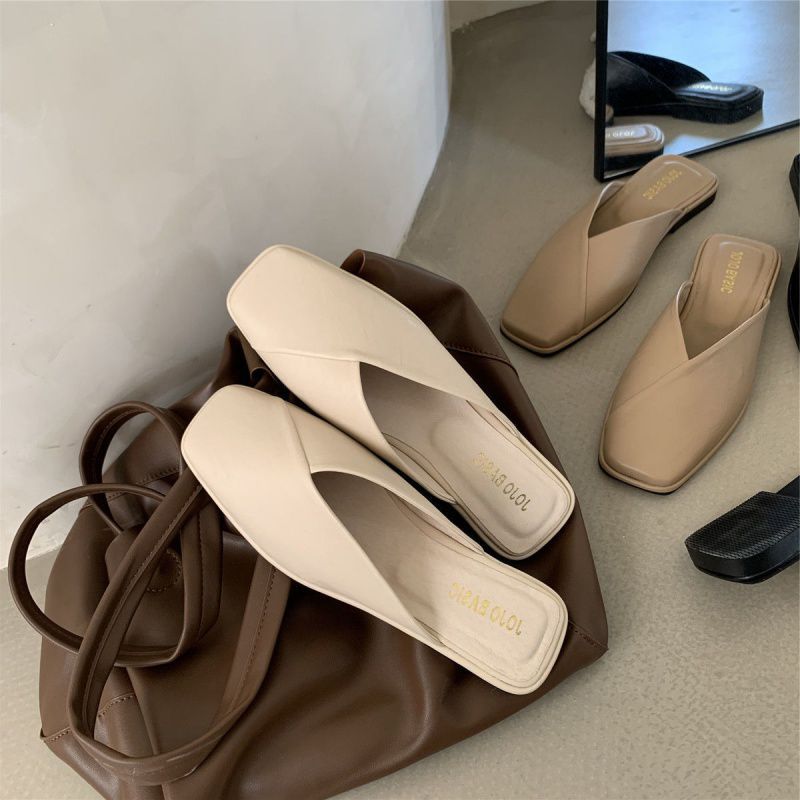 Women's Flat Half-Pack Sandals Summer Thin French Minority Toe Cap Semi Slipper Square Toe Sandals Soft Bottom Muller Shoes