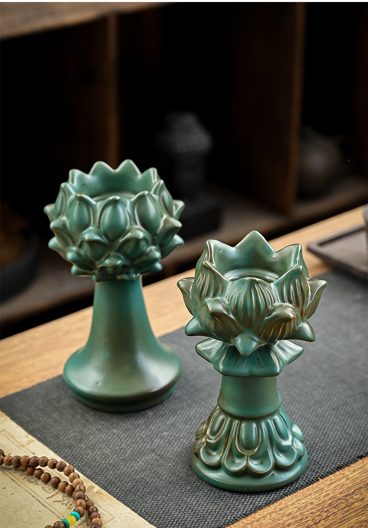 家用居供佛堂奉装饰晚餐拍摄道具摆件 跨境陶瓷复古莲花烛台座