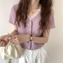 华夫格短袖女T恤韩国2024夏季新款白色V领设计感小众短款开衫上衣