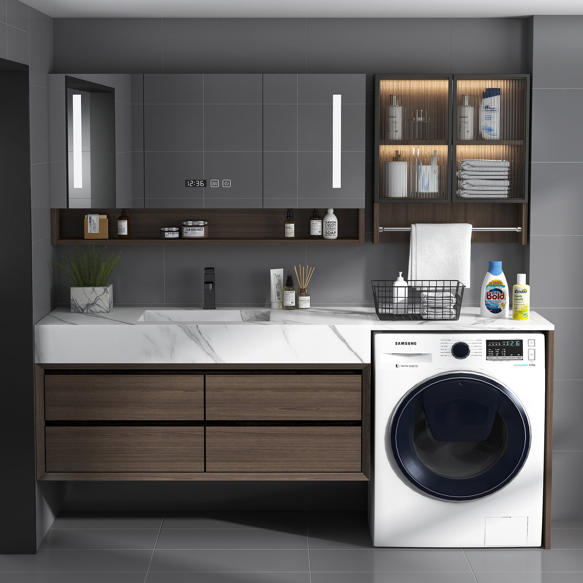 阳台洗衣机柜组合卫生间轻奢岩板一体陶瓷盆浴室镜柜洗手脸池