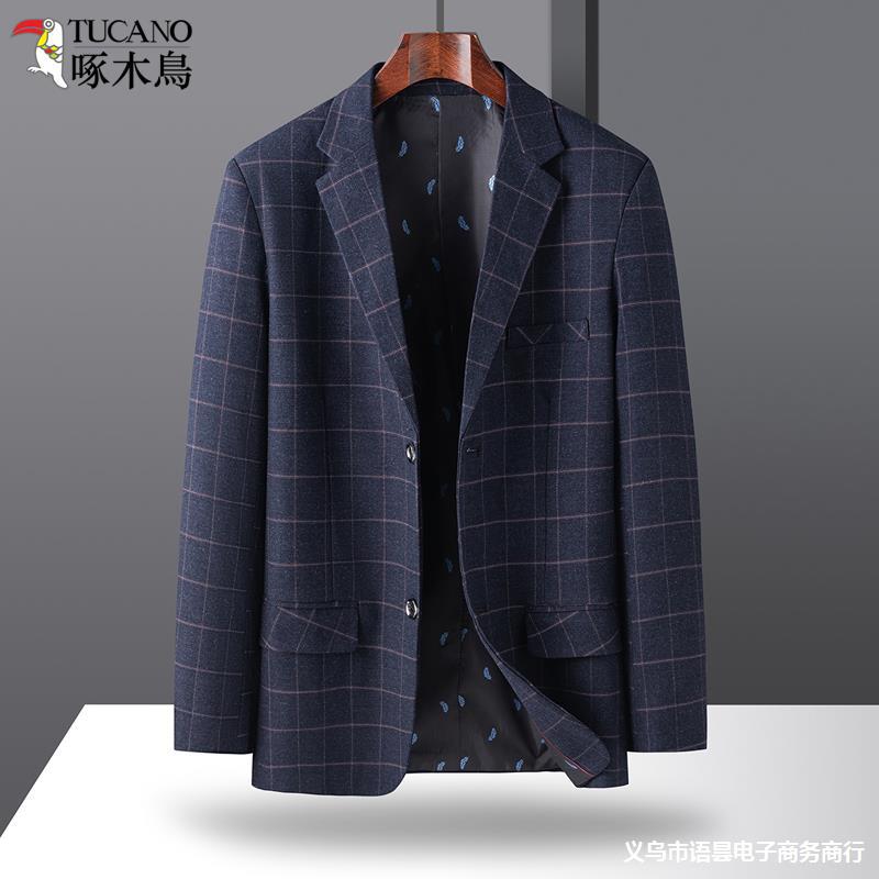 啄木鸟休闲西服男2023春季新款商务便装单西中年父亲西装格子外套