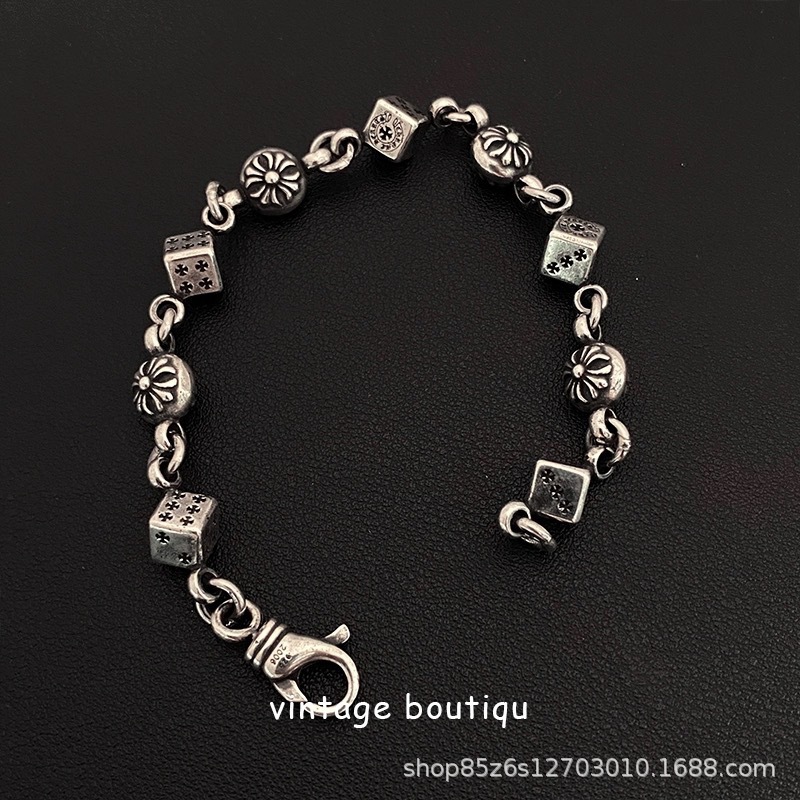 克罗心潮流赌神骰子纯银手链复古做旧刻字个性欧美朋克男女情侣款