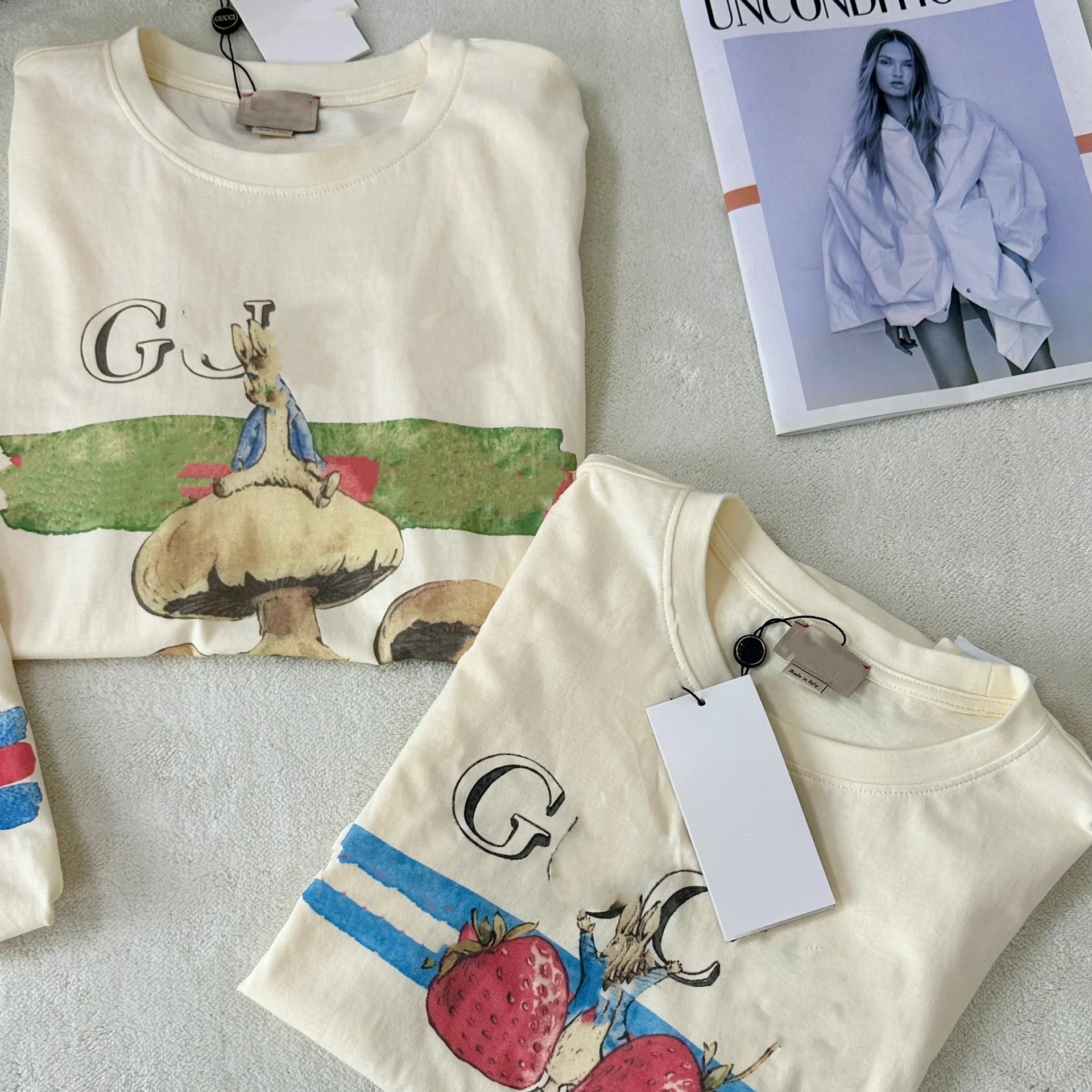 潮牌g家彼得兔联名新款草莓蘑菇印花短袖t恤男女同款工厂直发