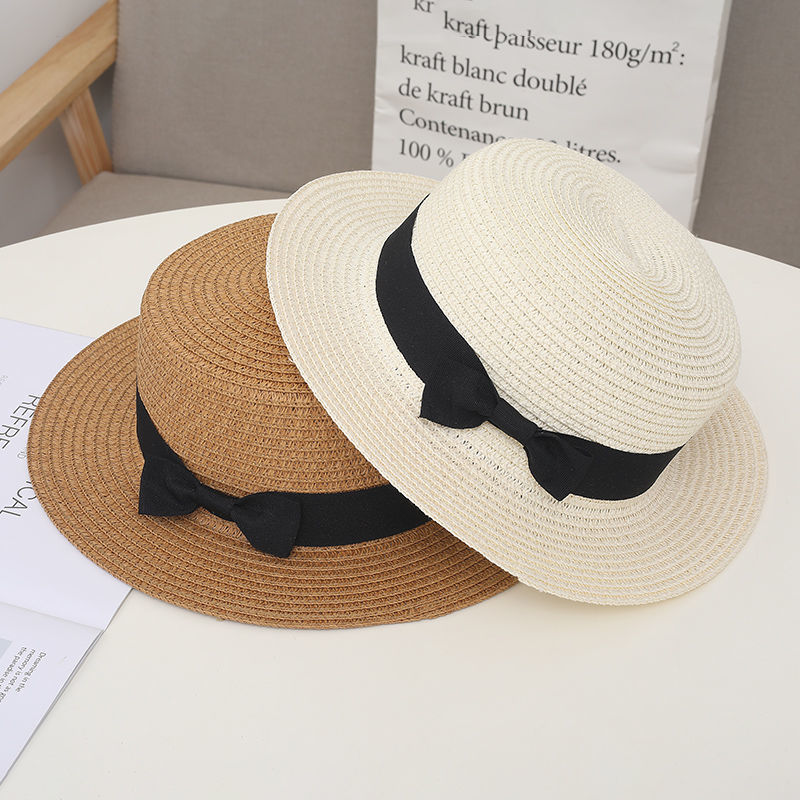 New Hat Women's Summer Sun-Shade Beach Hat Simple Sun Protection Hat Flat Top British Fresh Bowler Hat