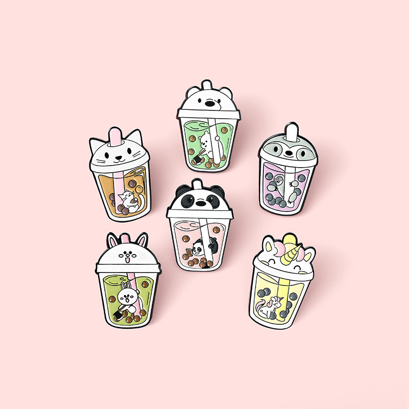 Cartoon New Creative Cute Animal Avatar Shape Brooch Bubble Tea Brooch Accessories Paint Badge