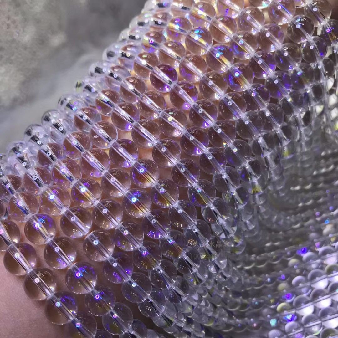 天然水晶镀彩白色泡泡石彩光玻璃珠圆珠散珠半成品手链项链配珠