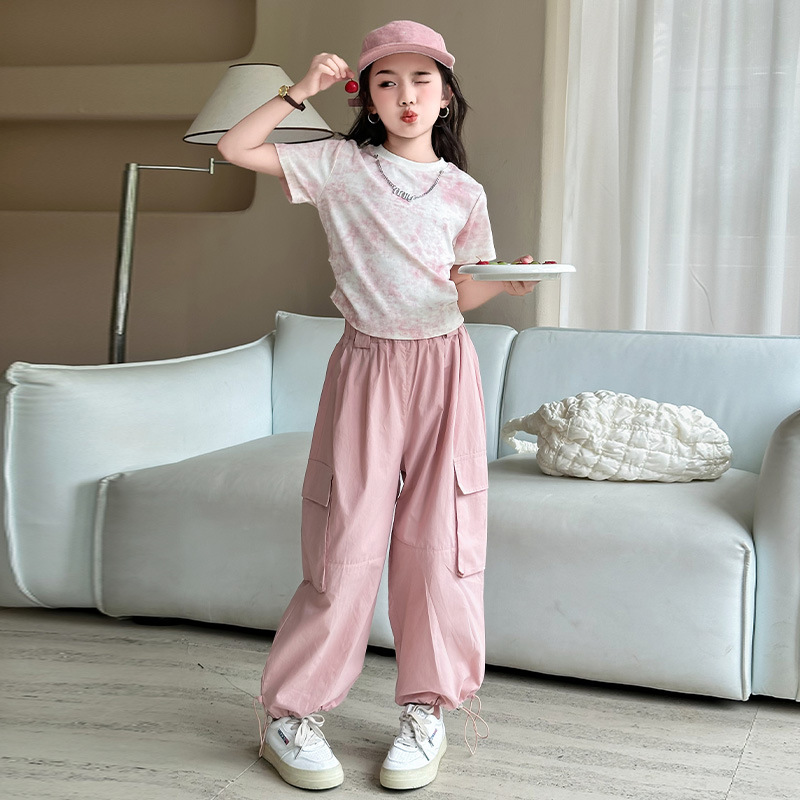 女大童夏季扎染工装裤套装2024新款韩版女孩洋气时尚休闲两件套潮