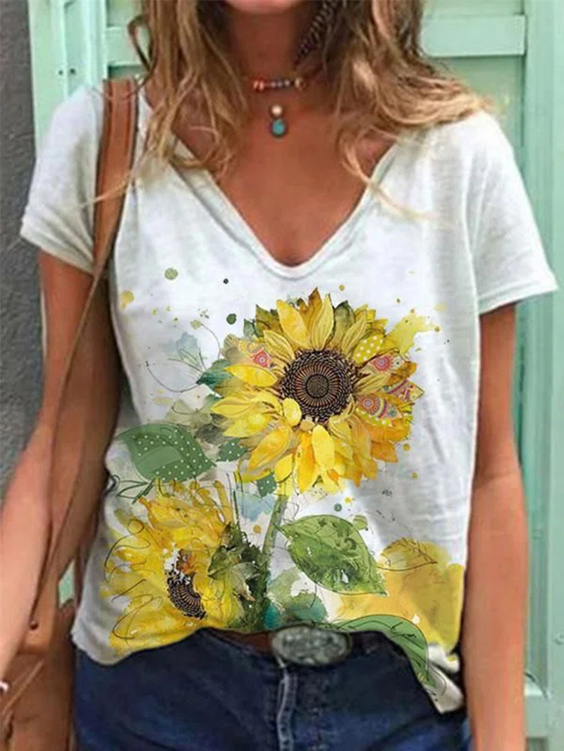 上衣向日葵图案印花圆领短袖t恤现货21夏季新款亚马逊ebay爆款欧美向