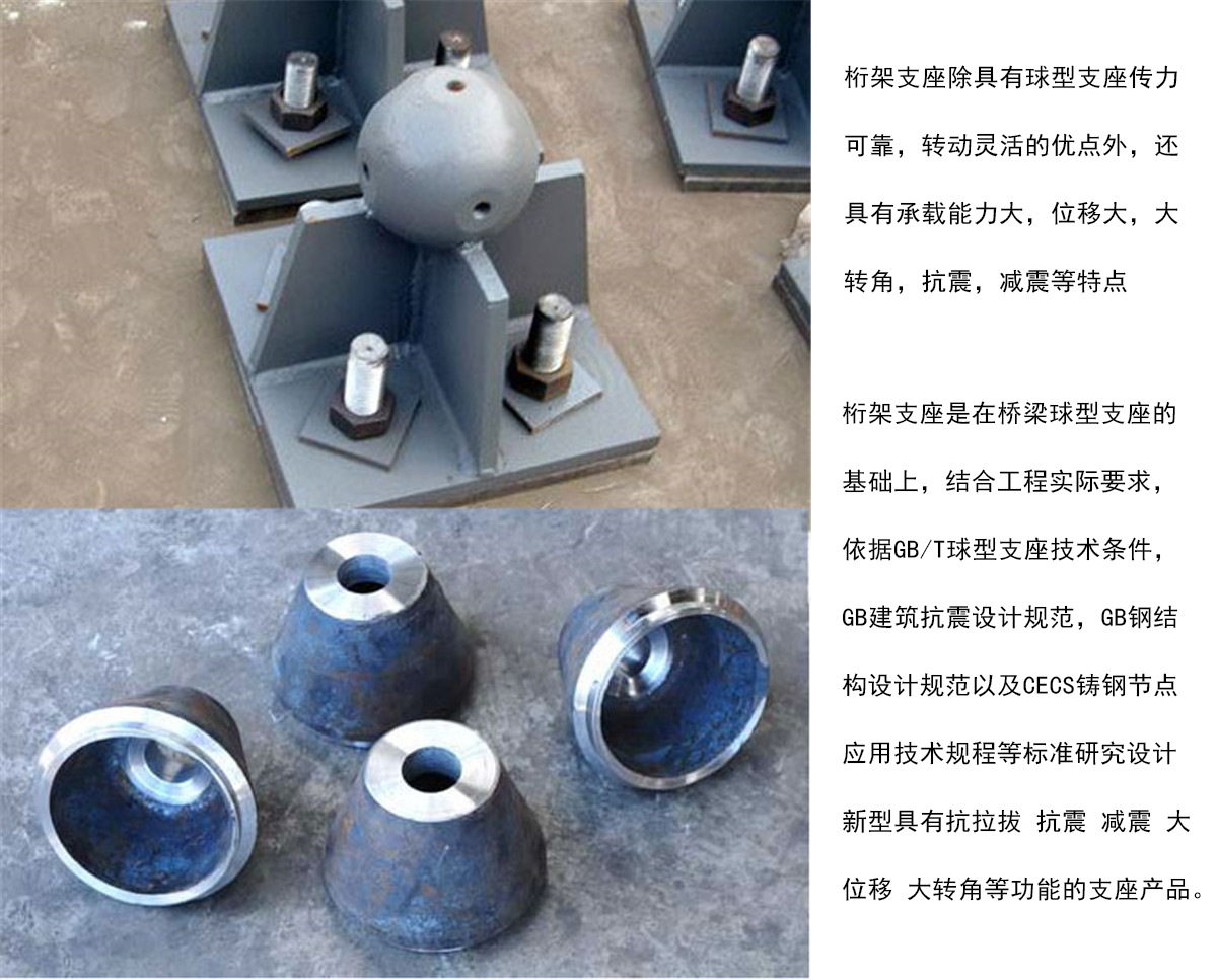桁架支座结构形式: 桁架支座由:上支座板,下支座板,球形板,聚四氟乙烯
