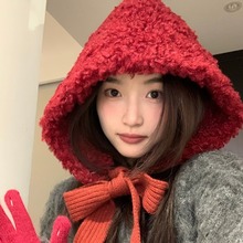 巴拉克拉法帽子女秋冬季2023新款韩版可爱毛绒保暖护耳包头帽红色