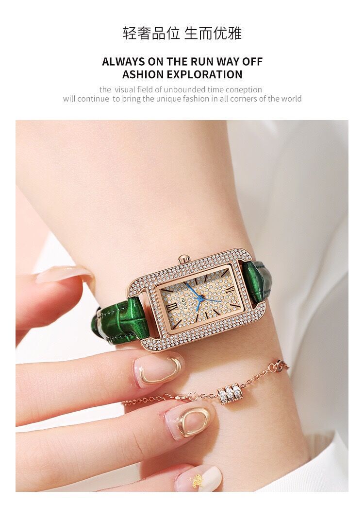 歌迪正品新款长方形手表女士满钻轻奢小众设计网红真皮防水女表