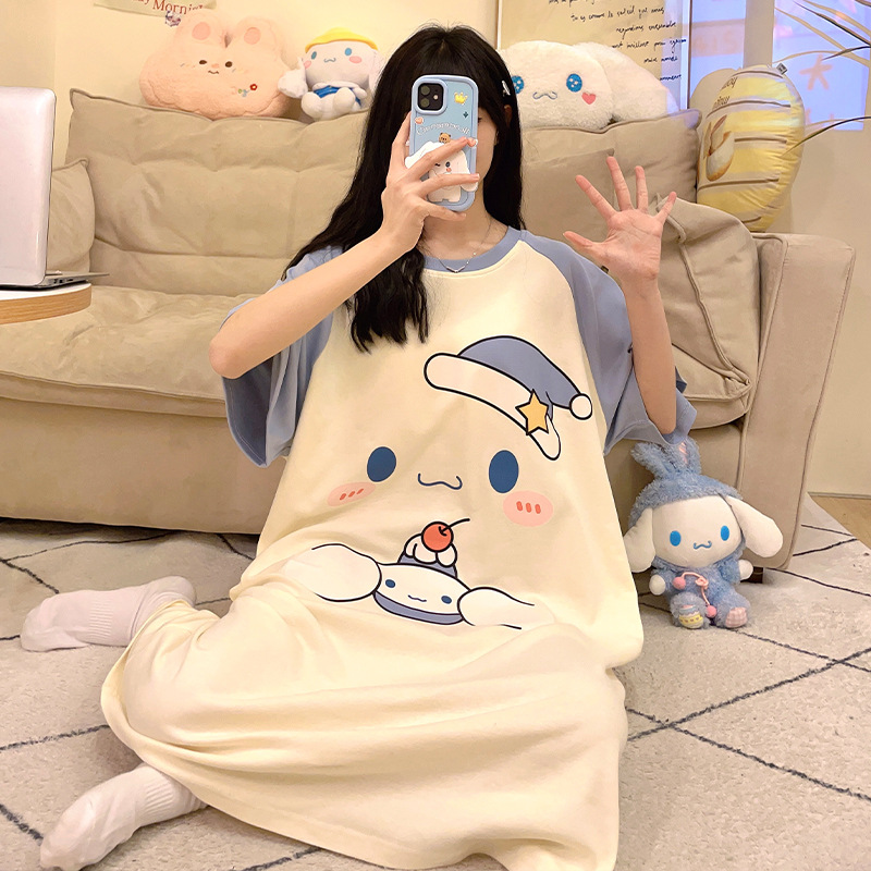 Summer Ladies New Short Sleeve and Long Pattern Nightdress Cartoon Cotton Loose Girl Dress Casual Homewear Pajamas