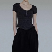 短袖针织衫女蕾丝花边拼接显瘦小众设计法式气质夏季上衣  高级感