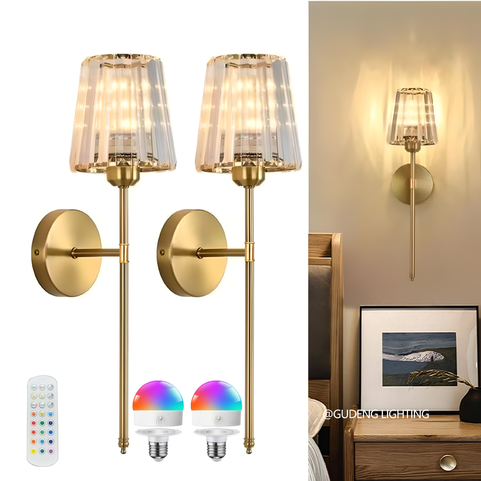 跨境美式高级水晶罩免布线充电式卧室床头氛围客厅装饰画楼梯壁灯