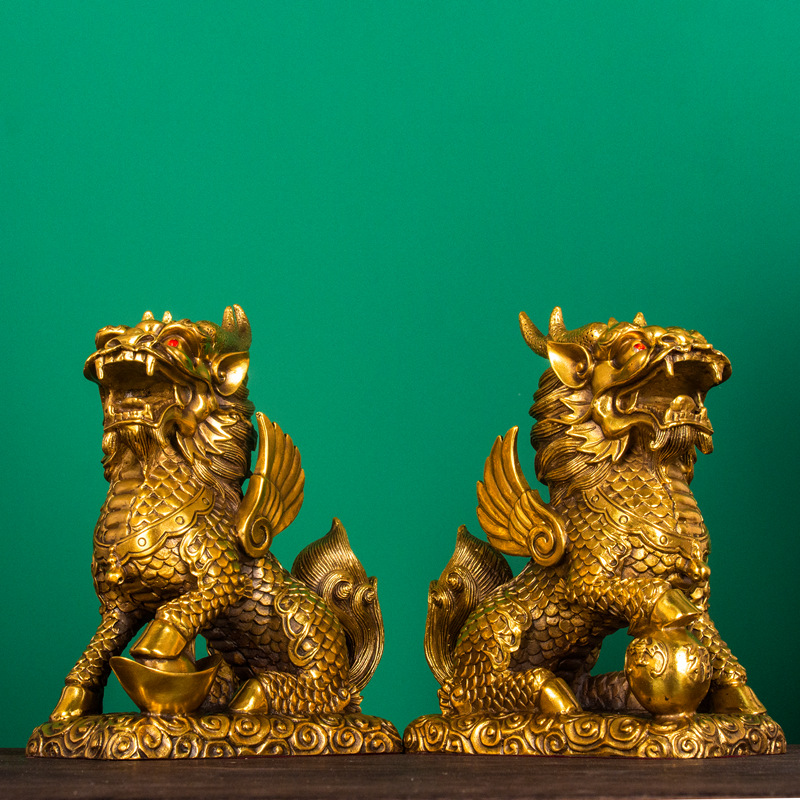 铜麒麟摆件一对黄铜火麒麟招财客厅办公室家用福禄麒麟大中小号