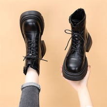 粗跟短靴女2023年秋季新款时尚帅气炸街马丁靴法式复古增高皮靴女