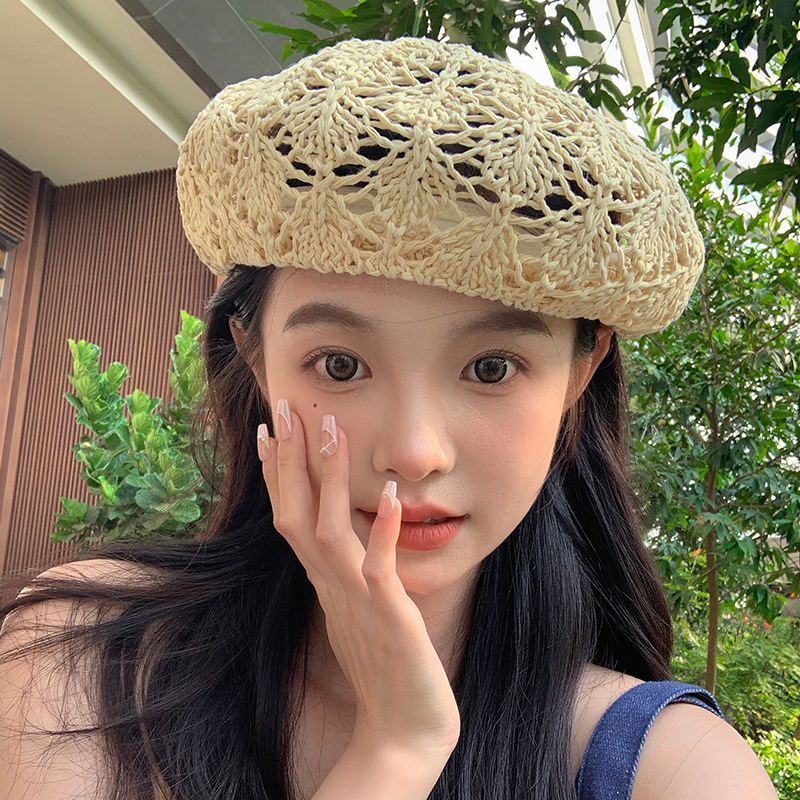 小清新夏季镂空草编贝雷帽子女款夏季复古薄款设计感针织画家帽