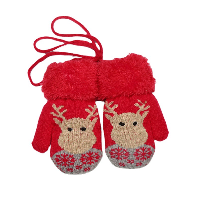 儿童手套冬季可爱卡通小鹿加绒保暖提花针织连指宝宝挂脖加厚手套