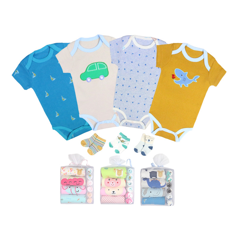 [Factory Customization] Baby Baby Rompers Onesie Short Sleeved Kazakhstan Socks 4-Piece Gift Box Sample Customization