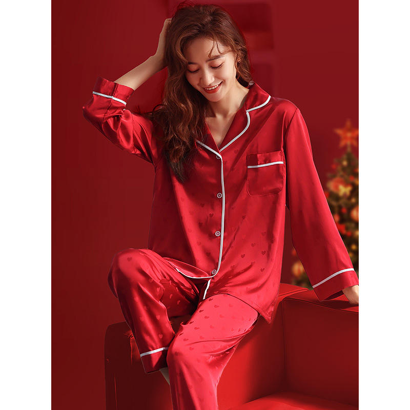 红色本命年仿真丝睡衣女夏季冰丝结婚春秋新婚新娘家居服丝绸套装