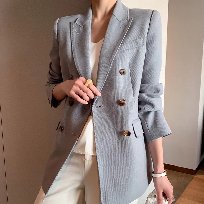 m家同款经典气质双排扣小西装女高档斜纹西服2022春秋新款外套