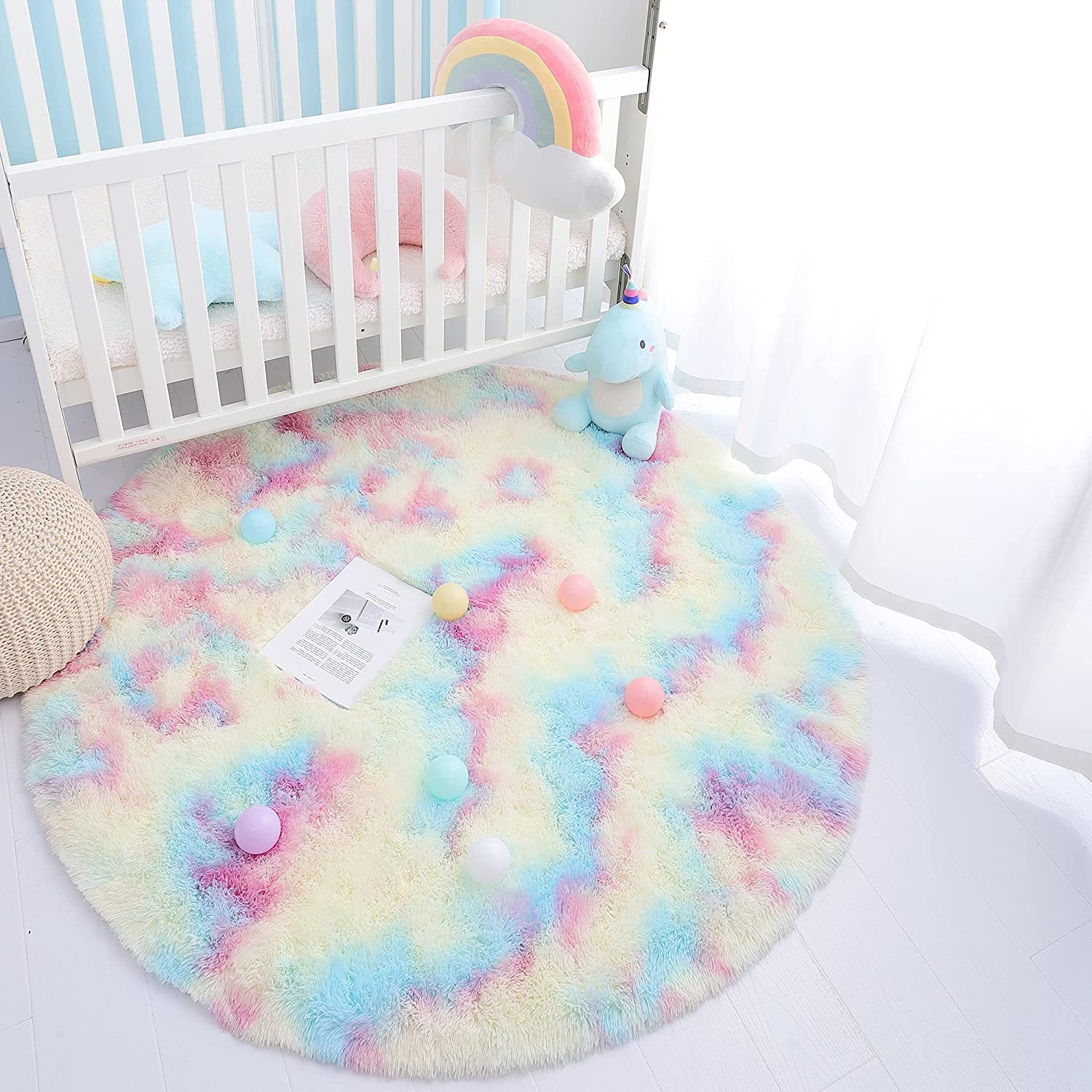 Rainbow Color Nordic Instagram Style round Long Wool Bedroom Carpet Thickened Floor Mat round Tablecloth Hanging Basket Children's Room Mat