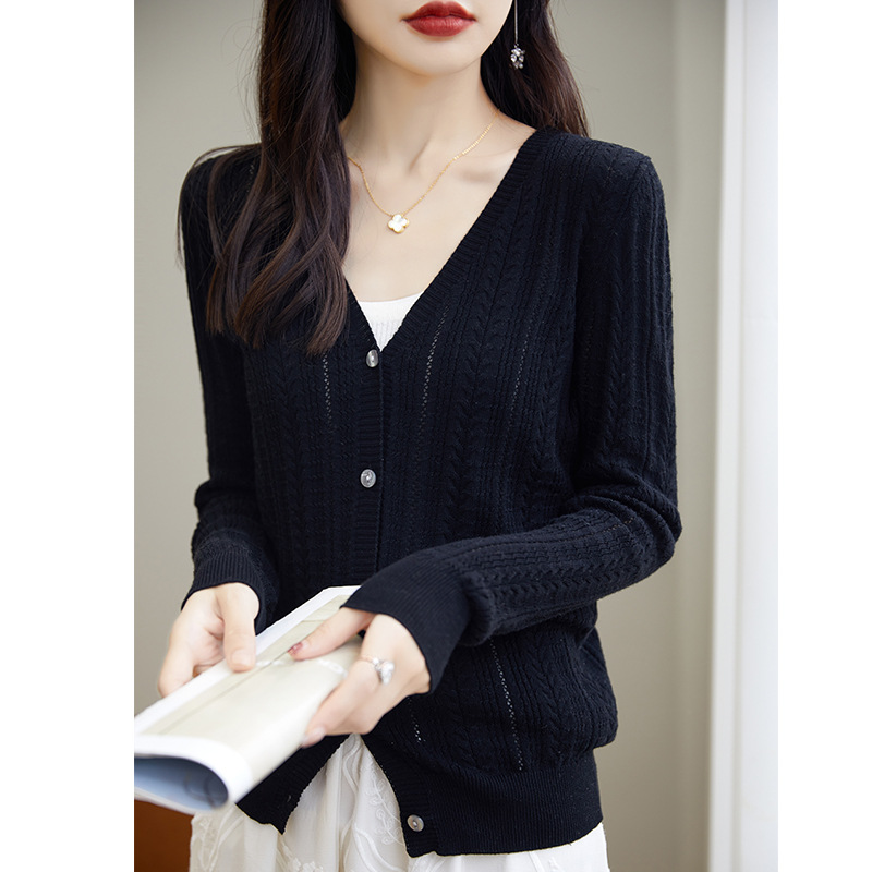 Summer Thin Cotton Knitted Sunscreen Women's Hollow Slim Air Conditioning Cardigan Single-Breasted V-neck Pure Color All-Matching Coat